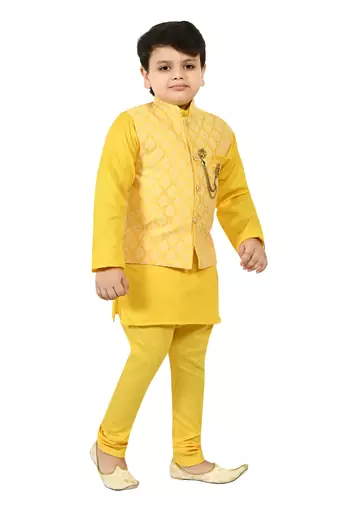 Boys cotton blend jacquard waistcoat with kurta pajama set - yellow