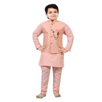 Boys cotton blend jacquard waistcoat with kurta pajama set - rose pink 1