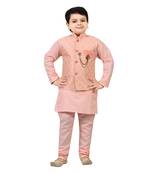 Boys cotton blend jacquard waistcoat with kurta pajama set - rose pink