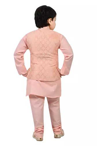 Boys cotton blend jacquard waistcoat with kurta pajama set - rose pink