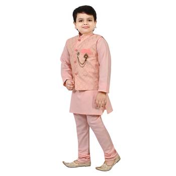 Boys cotton blend jacquard waistcoat with kurta pajama set - rose pink 3