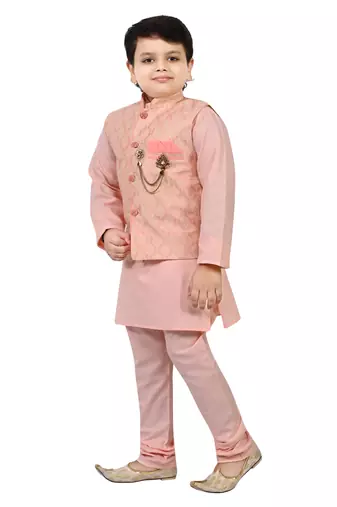 Boys cotton blend jacquard waistcoat with kurta pajama set - rose pink