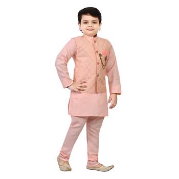 Boys cotton blend jacquard waistcoat with kurta pajama set - rose pink 4