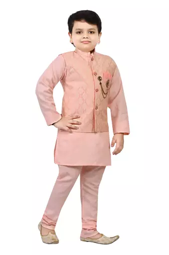 Boys cotton blend jacquard waistcoat with kurta pajama set - rose pink