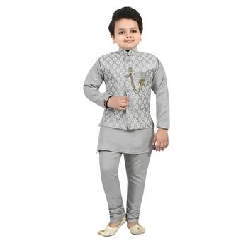 Boys cotton blend jacquard waistcoat with kurta pajama set - grey 1