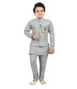 Boys cotton blend jacquard waistcoat with kurta pajama set - grey