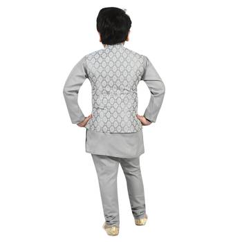 Boys cotton blend jacquard waistcoat with kurta pajama set - grey 2
