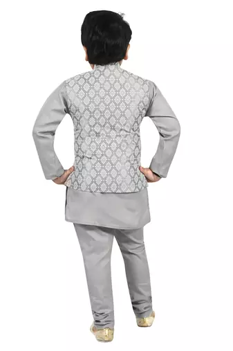 Boys cotton blend jacquard waistcoat with kurta pajama set - grey