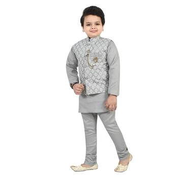 Boys cotton blend jacquard waistcoat with kurta pajama set - grey 3
