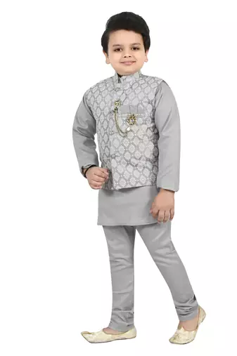Boys cotton blend jacquard waistcoat with kurta pajama set - grey