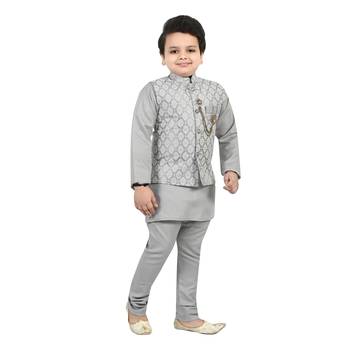Boys cotton blend jacquard waistcoat with kurta pajama set - grey 4