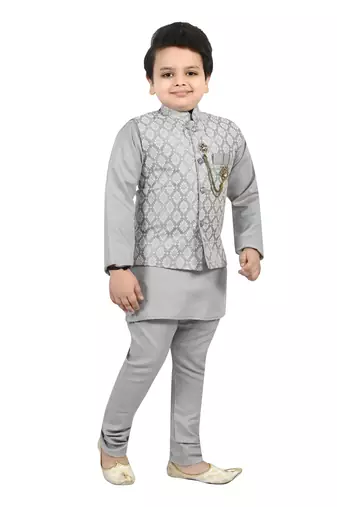 Boys cotton blend jacquard waistcoat with kurta pajama set - grey