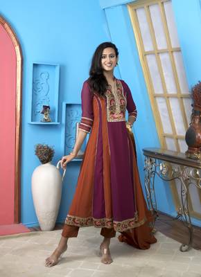 Nikhaar magenta georgette stitched anarkali trouser kurta & dupatta  1