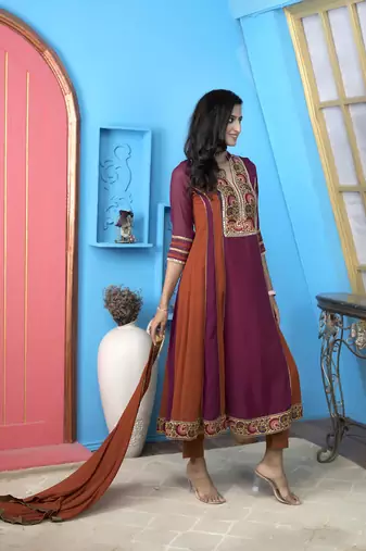 Nikhaar magenta georgette stitched anarkali trouser kurta & dupatta 