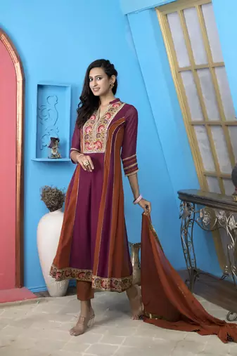Nikhaar magenta georgette stitched anarkali trouser kurta & dupatta 