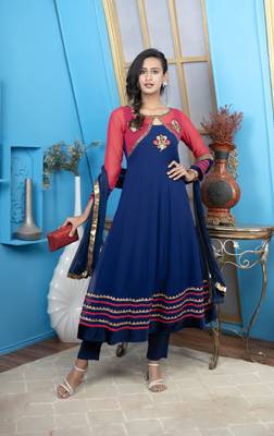 Nikhaar blue georgette stitched anarkali trouser kurta & dupatta  1