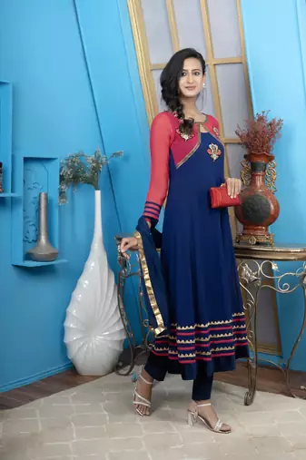 Nikhaar blue georgette stitched anarkali trouser kurta & dupatta 