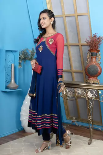 Nikhaar blue georgette stitched anarkali trouser kurta & dupatta 