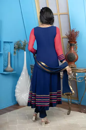 Nikhaar blue georgette stitched anarkali trouser kurta & dupatta 