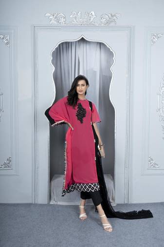Nikhaar pink georgette stitched asymmetrical trouser kurta & dupatta 