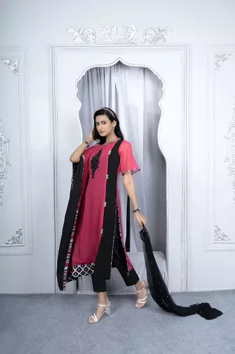 Nikhaar pink georgette stitched asymmetrical trouser kurta & dupatta 