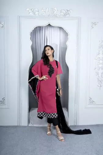 Nikhaar pink georgette stitched asymmetrical trouser kurta & dupatta 
