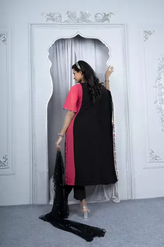 Nikhaar pink georgette stitched asymmetrical trouser kurta & dupatta 