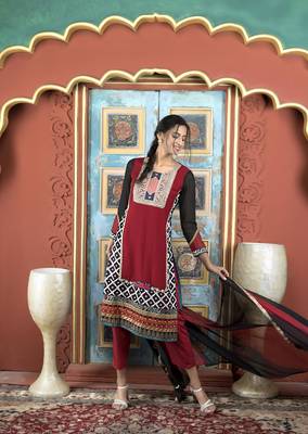 Nikhaar maroon georgette stitched straight cut trouser kurta & dupatta  1