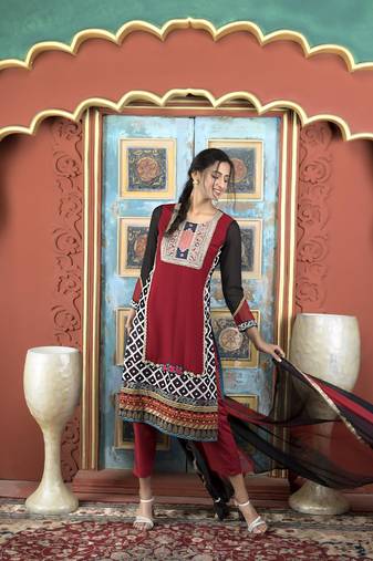 Nikhaar maroon georgette stitched straight cut trouser kurta & dupatta 