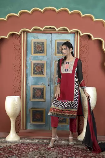 Nikhaar maroon georgette stitched straight cut trouser kurta & dupatta 