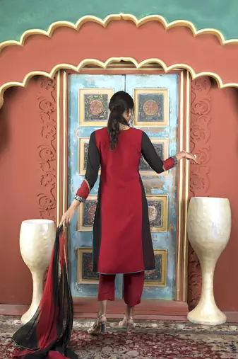 Nikhaar maroon georgette stitched straight cut trouser kurta & dupatta 