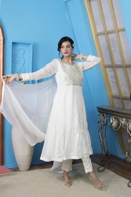 Nikhaar off white georgette stitched anarkali trouser kurta & dupatta  1