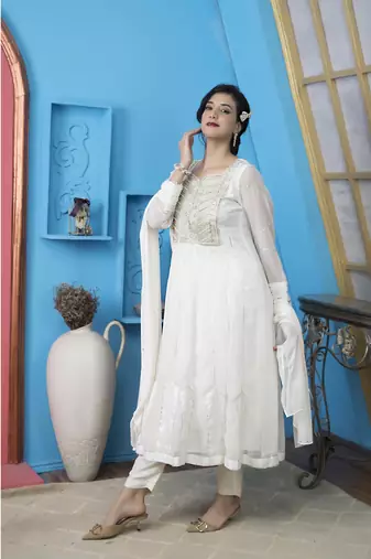 Nikhaar off white georgette stitched anarkali trouser kurta & dupatta 