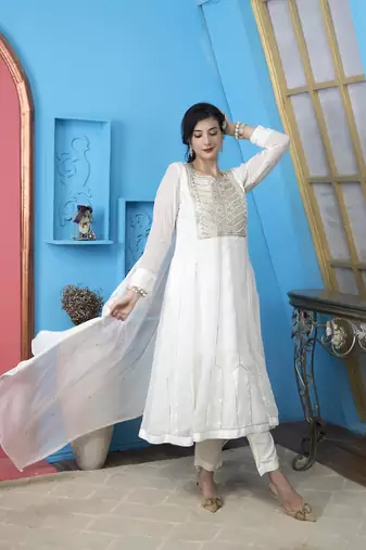 Nikhaar off white georgette stitched anarkali trouser kurta & dupatta 