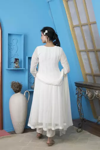 Nikhaar off white georgette stitched anarkali trouser kurta & dupatta 