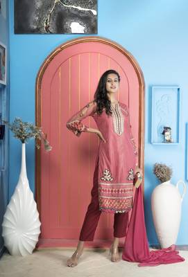 Nikhaar pink net stitched straight cut trouser kurta & dupatta  1