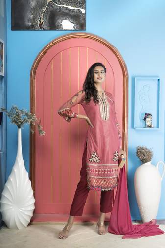 Nikhaar pink net stitched straight cut trouser kurta & dupatta 