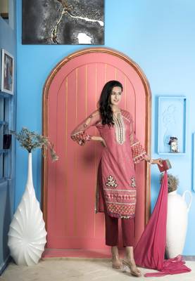 Nikhaar pink net stitched straight cut trouser kurta & dupatta  4