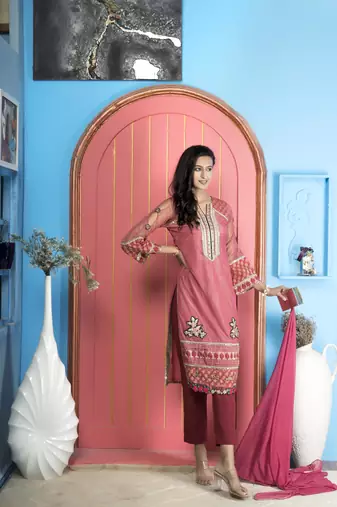 Nikhaar pink net stitched straight cut trouser kurta & dupatta 