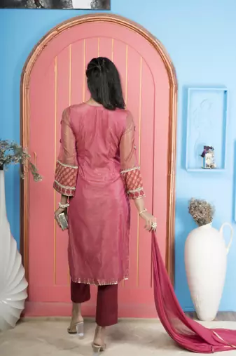 Nikhaar pink net stitched straight cut trouser kurta & dupatta 
