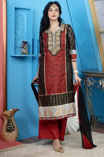 Nikhaar maroon chanderi stitched straight cut palazzo kurta & dupatta 