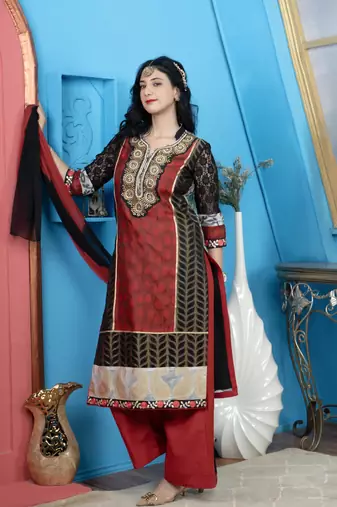 Nikhaar maroon chanderi stitched straight cut palazzo kurta & dupatta 