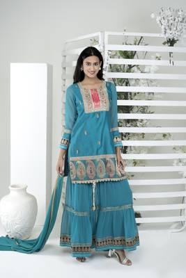 Nikhaar blue art silk stitched straight cut sharara kurta & dupatta  1