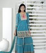 Nikhaar blue art silk stitched straight cut sharara kurta & dupatta 