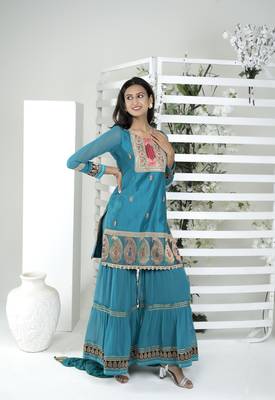 Nikhaar blue art silk stitched straight cut sharara kurta & dupatta  3