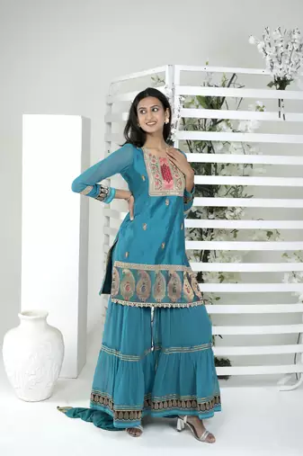 Nikhaar blue art silk stitched straight cut sharara kurta & dupatta 