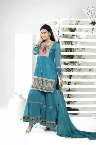 Nikhaar blue art silk stitched straight cut sharara kurta & dupatta 
