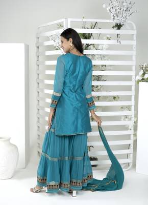 Nikhaar blue art silk stitched straight cut sharara kurta & dupatta  5