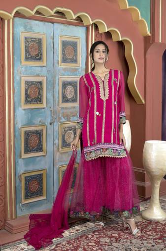 Nikhaar pink georgette stitched straight cut sharara kurta & dupatta 
