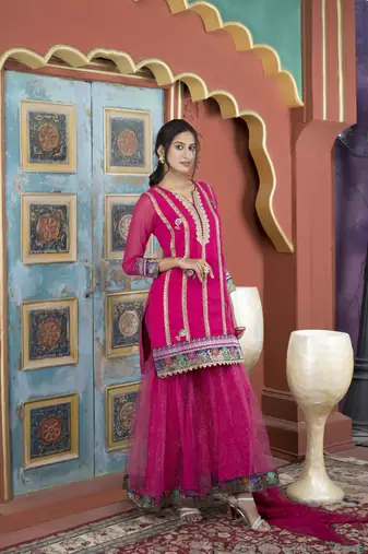 Nikhaar pink georgette stitched straight cut sharara kurta & dupatta 